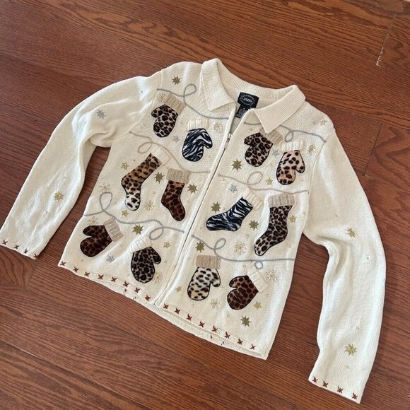Christmas Animal Print Leopard Cheetah Stocking Full Zip Cardigan Size Medium - Picture 10 of 10